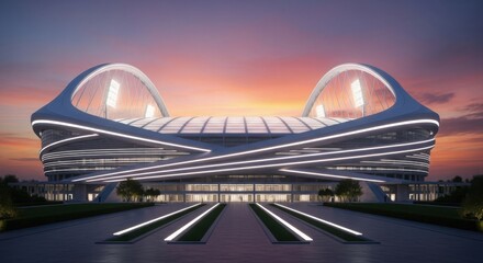 Futuristic Stadium Architecture at Dusk with Glowing Lights and Dramatic Sky