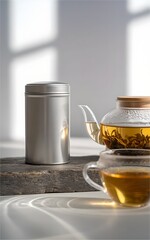 Hot morning herbal tea in a white cup with a teapot on a brown table, perfect for a healthy breakfast drink