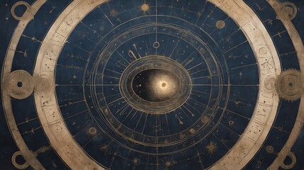 Fototapeta premium Celestial Chart of Constellations Zodiac and Planets on Navy Backdrop