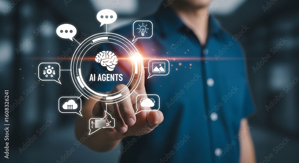 Poster a person is interacting with an ai agents interface, showcasing artificial intelligence and automati