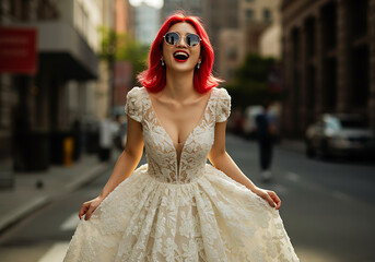 Fototapeta premium Joyful Bride in a Lace Wedding Dress on a City Street