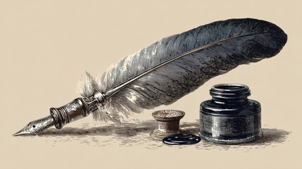 Vintage old quill pen with inkwell vector design. Feather pen drawing and ink graphic design -