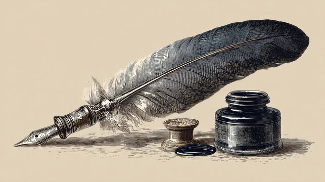 Vintage old quill pen with inkwell vector design. Feather pen drawing and ink graphic design - - Powered by Adobe