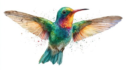 A vibrant watercolor painting of a hummingbird in flight, wings outstretched, showcasing iridescent green, blue, orange, and brown feathers against a white background with subtle watercolor splatters