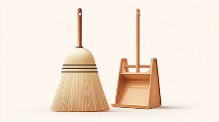 A broom with natural bristles and a dustpan against a light beige background