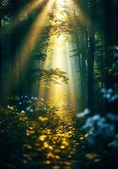 Obraz premium Enchanting forest scenery featuring sunbeams filtering through lush green foliage