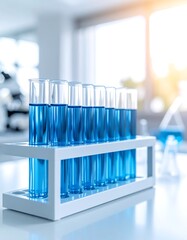 Test tubes filled with blue liquid on a rack in a laboratory