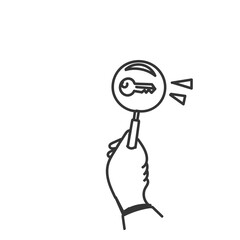 hand drawing doodle key inside magnifying glass icon