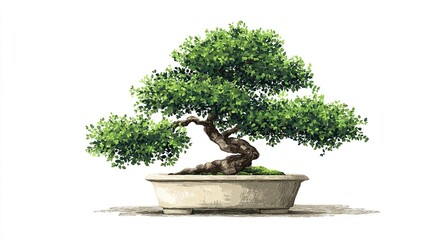 A digitally rendered, serene bonsai tree with lush green foliage, a winding trunk, in a stone pot