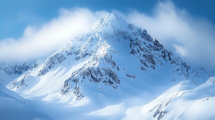 Majestic snow-capped mountain peak piercing through a sky of clouds.  Vast expanse of winter wonderland