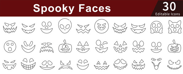Spooky Faces Line Icons Set with Editable Stroke for Halloween, Horror, Monster, and Scary Characters