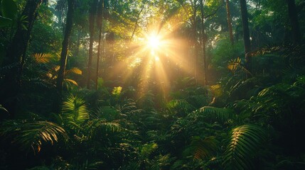 Sunlight streams through lush rainforest canopy.  Dense foliage, vibrant green plants, and palm trees create a tropical atmosphere. Sunlight beams through the trees, highlighting the jungle floor
