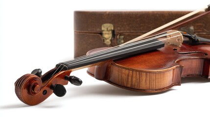 Vintage violin & bow resting atop case, showcasing wood grain, scroll, & strings