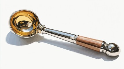 Ornate gold-toned spoon with a wooden handle, angled, lies on a plain white background