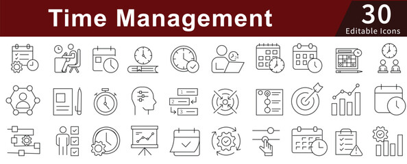 Time Management Line Icons Set with Editable Stroke for Schedule, Productivity, Planning, and Efficiency Tools