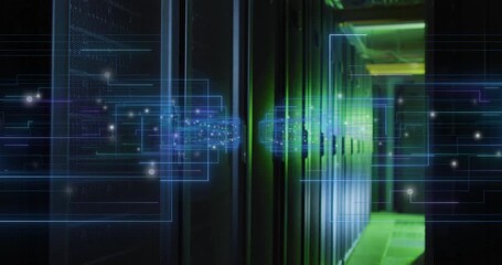 With bluish grids appearing, data cubes moving to racks, green pulses scanning for data transfer - Powered by Adobe