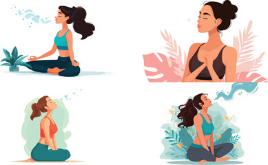 Meditating women breathe deeply in yoga poses eps