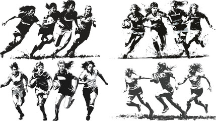 Women playing rugby in monochrome illustration eps