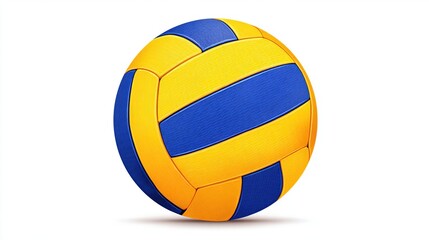 Blue and yellow volleyball, sphere, seams, round object on solid white background