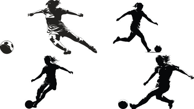 Female soccer players kicking a ball silhouettes eps