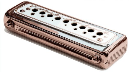 Rose gold colored, rectangular, instrument casing with cream-colored inserts