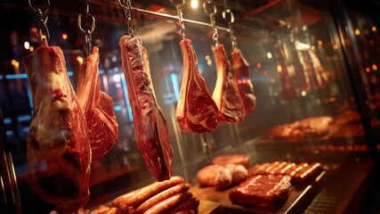 Showcasing a Variety of Fresh Meats Displayed for Sale in a Butcher Shop Window