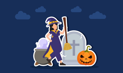 Witch with broom near a tombstone a cauldron filled with potion and a scary faced pumpkin illustration of appreciation for halloween day celebration