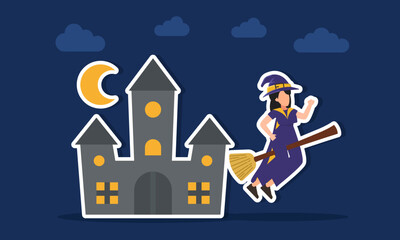 Witch flying on broom near castle illustration of appreciation for halloween day celebration