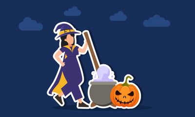 Witch brewing potion in a large cauldron beside a spooky pumpkin wearing a wizard hat illustration of appreciation for halloween day celebration