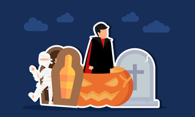 Mummy rising from a coffin and vampire emerging from a scary faced pumpkin near a tombstone illustration of appreciation for halloween day celebration
