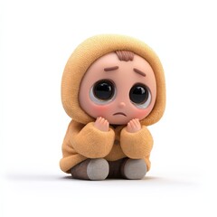 Fototapeta premium Crying cartoon baby with big eyes in a yellow hooded sweater on white
