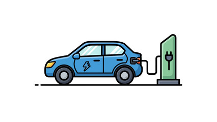 Fototapeta premium A stylized illustration depicting a blue electric car connected to a charging station, ready for power.