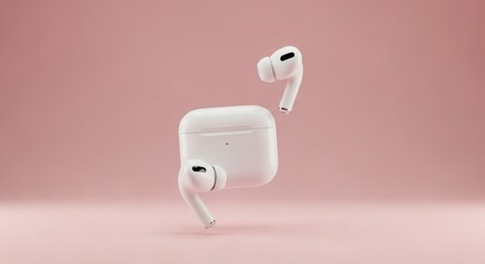 Wireless Earbuds Floating with Charging Case on a Pink Background Studio Lighting