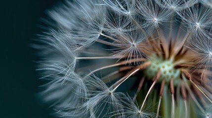 close-up of an elegant dandelion with delicate structure and intricate seeds in its flower's face, symbolizing growth, freedom, serenity, tranquility, and resilience.