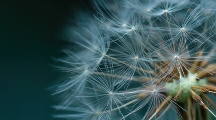 close-up of an elegant dandelion with delicate structure and intricate seeds in its flower's face, symbolizing growth, freedom, serenity, tranquility, and resilience.