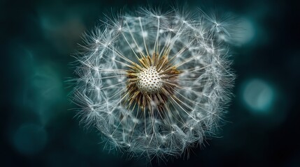 close-up of an elegant dandelion with delicate structure and intricate seeds in its flower's face, symbolizing growth, freedom, serenity, tranquility, and resilience.