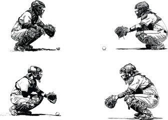 Baseball catcher in gear, monochrome illustration eps