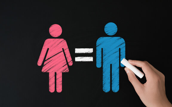 Symbolic chalkboard representation of gender equality depicting equal status for both male and female
