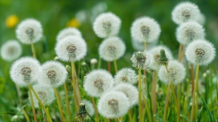 Obraz premium close-up of an elegant dandelion with delicate structure and intricate seeds in its flower's face, symbolizing growth, freedom, serenity, tranquility, and resilience.