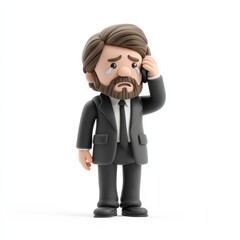 Cartoon Businessman in Formal Wear with Tears Talking on Phone