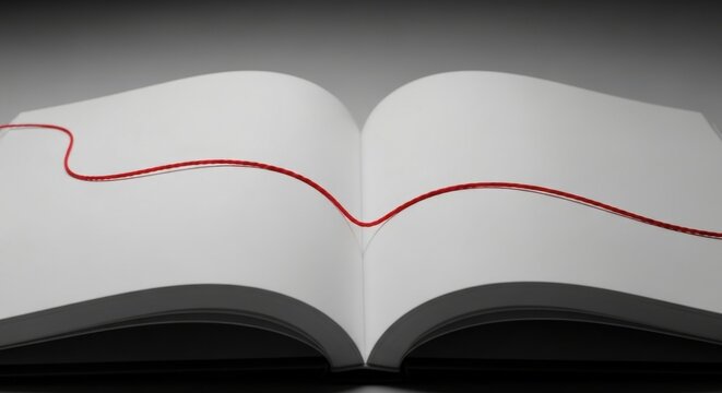 Open book with a red thread connecting the pages symbolizing a story or connection