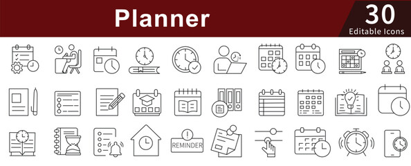 Planner Line Icons Set with Editable Stroke for Calendar, Schedule, Task, and Organization Management