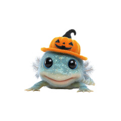 Adorable Axolotl in Halloween Pumpkin Hat - 3D Render