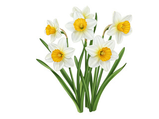 A beautiful bouquet of white daffodils with yellow centers and green leaves isolated on transparent background