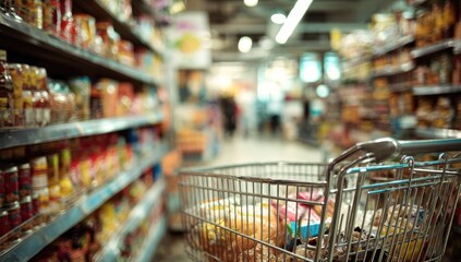 Grocery store aisle with shopping cart and shelves full of products