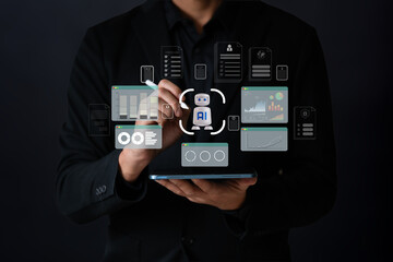 The Business man using AI robots to help analyze and increase efficiency in business