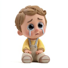 Sad Crying Baby Boy Cartoon Character with Tears and Overalls on White Background