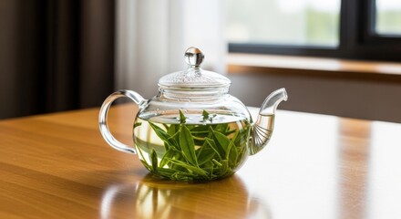 Herbal Infusion in a Glass Teapot on a Wooden Table