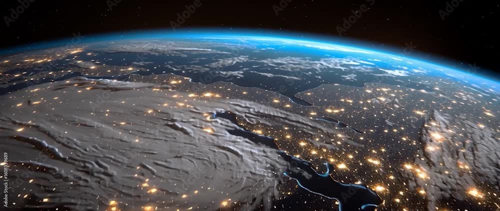Wall mural anamorphic video space view of earth at night with lots of light