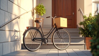 Bike and Package: a classic bike with a package parked in front of the house door. A symbol of timely delivery.